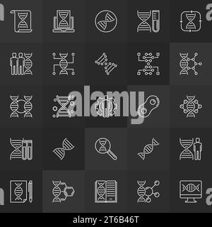 Genetic engineering vector linear icons collection. Genetics outline signs on dark background Stock Vector