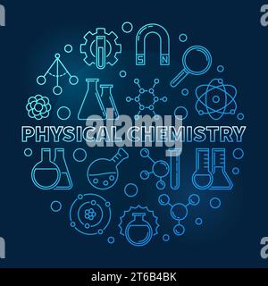 Physical Chemistry vector blue modern concept round illustration in outline style on dark background Stock Vector