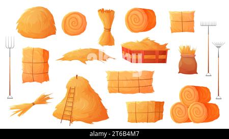 Hay bales and haystacks set vector illustration. Cartoon isolated wheat straw and dried grass pile from farm field, gold silo rolls and square wooden crate, ladder to the hayloft and pitchforks Stock Vector