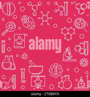 Chemistry vector square illustration with round frame in thin line style on red background Stock Vector
