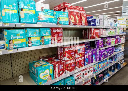 Miami Beach Florida,Walgreens Pharmacy drugstore,inside interior indoors,shelf shelves display sale,packages disposable diapers,Huggies Pampers Pull-U Stock Photo