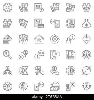 Money linear icons set - vector Dollar Cash and Cards concept symbols or design elements Stock Vector