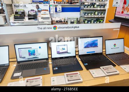 Miami Beach Florida,inside interior indoors,shelf shelves sale display,Best Buy electronics retailer,Chromebook Plus laptops,store business shop merch Stock Photo