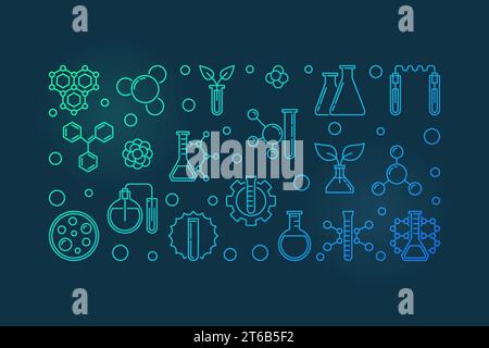 Chemistry vector colorful outline illustration or horizontal banner on dark background Stock Vector