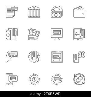 Bank and Money outline concept vector icons set Stock Vector