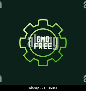 GMO Free in Cogwheel vector green outline icon or sign on dark background Stock Vector