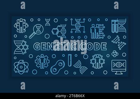 Genetic Code vector blue outline horizontal illustration on dark background Stock Vector