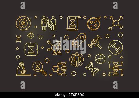 Biochemistry vector golden horizontal illustration in outline style on dark background Stock Vector