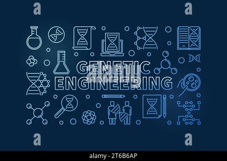 Genetic Engineering vector blue outline horizontal biotechnology illustration on dark background Stock Vector
