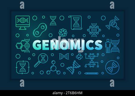 Genomics vector colorful horizontal banner in linear style on dark background Stock Vector
