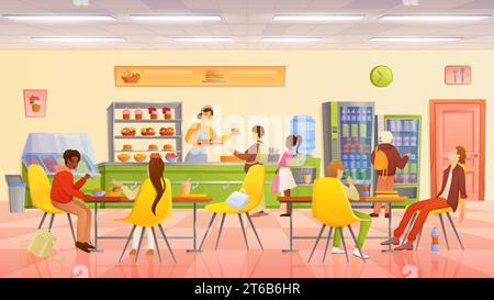 Children eat in school canteen. Vector cartoon illustration of cafeteria  interior with tables, chairs, vending machine, water cooler, kids with food  trays and staff at counter bar Stock Vector