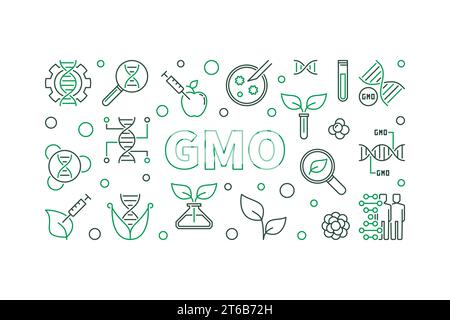 GMO vector simple concept horizontal illustration in outline style Stock Vector