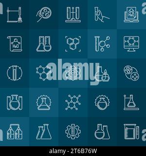 Chemical concept outline icons. Vector Chemistry symbols collection in thin line style on blue background Stock Vector
