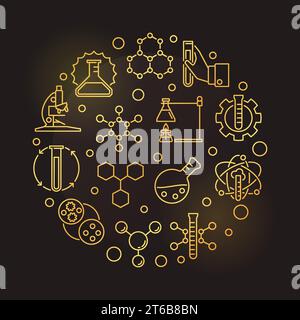 Vector Chemistry golden round illustration made with flast, atom, test-tube and molecule outline icons on dark background Stock Vector
