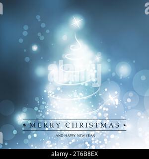Merry Christmas, Happy Holidays Card - Christmas Tree Shape Made from Bright Spiralling Light on Blue and White Background Stock Vector