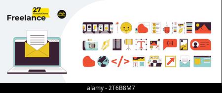 Freelance services 2D linear cartoon objects bundle Stock Vector