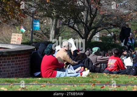 Lewisburg, United States. 09th Nov, 2023. Protesters hold a 75 minute sit-in outside of a campus bulding during a 'Shut it Down for Palestine' demonstration at Bucknell University in Lewisburg, Pa. on November 9, 2023. The demostrators called for an immediate ceasefire in Gaza, cutting aid to Israel, and lifting the seige on Gaza. (Photo by Paul Weaver/Sipa USA) Credit: Sipa USA/Alamy Live News Stock Photo