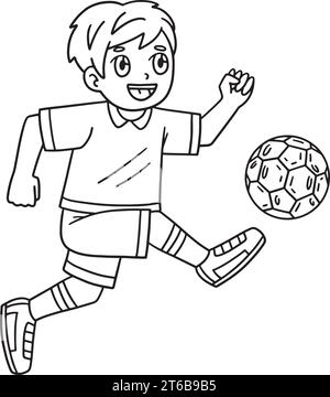 Boy Kicking Soccer Ball Isolated Coloring Page  Stock Vector