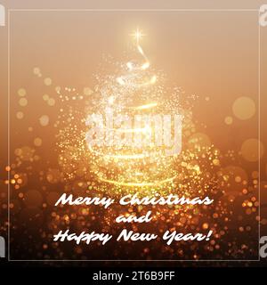Merry Christmas, Happy Holidays Card - Christmas Tree Shape Made from Bright Spiralling Light on Brown and Golden Background Stock Vector