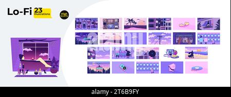 Sad nostalgia night time lofi wallpapers bundle Stock Vector