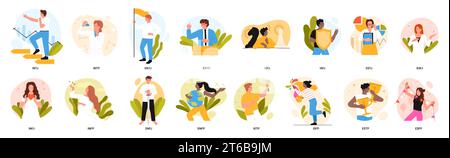 MBTI typology of people set vector illustration. Cartoon isolated characters with different types of behavior and thoughts, ideas to solve problems and focus of thinking, personality mental structure Stock Vector