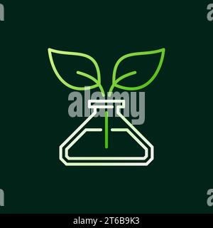 Conical Flask with Green Leaves vector line icon or logo element on dark background Stock Vector