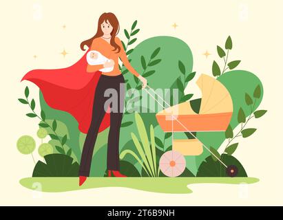 Superhero mom vector illustration. Cartoon strong young woman wearing red cape of superwoman, busy mother holding newborn baby and pushing stroller, pose of best supermom with proud and confidence Stock Vector