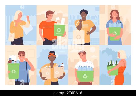 People collect garbage to recycle set vector illustration. Cartoon male and female characters holding boxes with recycling symbol and plastic bags and bottles, care and clean environment from waste Stock Vector