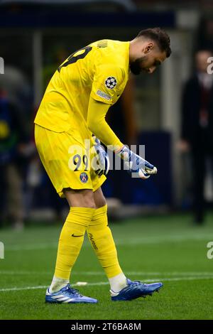 AC Milan goalkeeper Gianluigi Donnarumma saves during a warm up prior