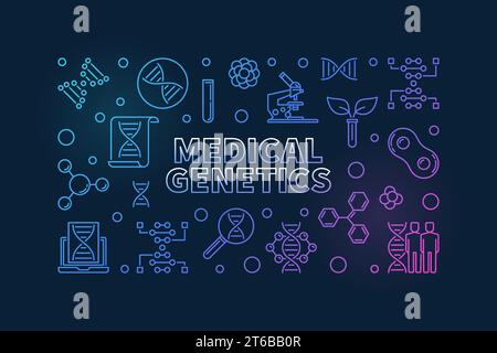 Medical Genetics vector outline colorful horizontal banner on dark background Stock Vector