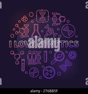 I Love Genetics vector colored concept thin line round illustration on dark background Stock Vector