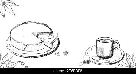 Rectangular composition drawn in vector. Maple leaves, hazelnuts, cardamom seeds, star anise, tea bag, cup of tea, drawn in vector in black on a white Stock Vector