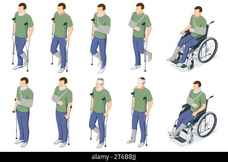 Isometric man with injury, medical treatment and fixation of broken bones, with bandage and plaster. The male character on a wheelchair Stock Vector