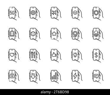 Hand Holding Phone line icons. Smartphone Screen, Airplane Mode, 5g Network. Vector Stock Vector