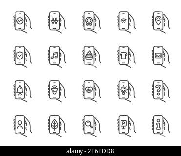 Hand Holding Phone line icons. Music sound, Sms or Mail Message, Wifi internet. Vector Stock Vector