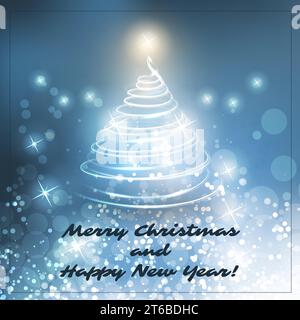 Merry Christmas, Happy Holidays Card - Christmas Tree Shape Made from Bright Spiralling Light on Blue and White Background Stock Vector