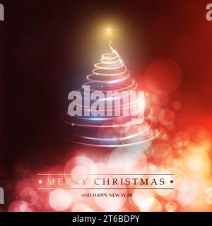 Merry Christmas, Happy Holidays Card - Tree Shape Made from Bright Spiralling Light on Red and Golden Background Stock Vector