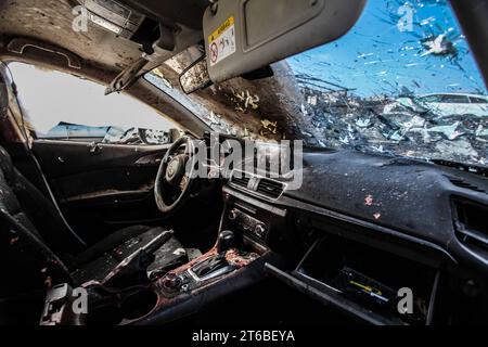 Tulkarm, Palestine. 08th Nov, 2023. View of the car which is damaged and also contained four Palestinian militants which were killed by Israeli forces the day before in Tulkarem, West Bank. (Photo by Nasser Ishtayeh/SOPA Images/Sipa USA) Credit: Sipa USA/Alamy Live News Stock Photo