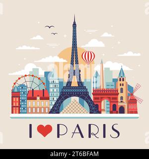 Love Paris Travel Postcard with Eiffel Tower Stock Vector