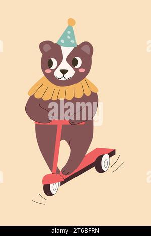 cute cartoon bear on scooter - circus character Stock Vector