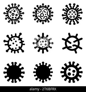 Virus icons set. Black symbols of virus particles with a spikes. Different types of viruses or stages of mutation Stock Vector