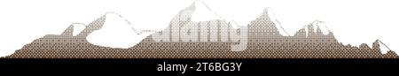 Halftone mountain landscape with pixel pattern. Widescreen background with rocks covered with snow. Screentone gradient in shades of grey Stock Vector