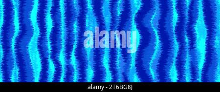 Batik ikat or tie dye seamless pattern with blue waves. Abstract vector background in ethnic or boho style. Washed digital watercolor fabric Stock Vector