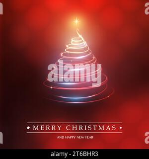 Merry Christmas, Happy Holidays Card - Tree Shape Made from Bright Spiralling Light on Red Dark Background Stock Vector