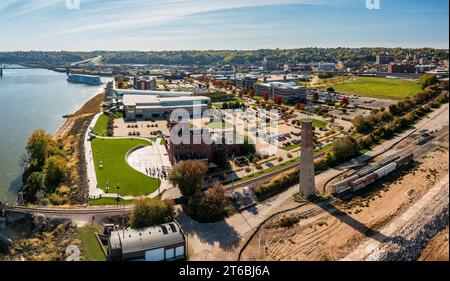 Aerial view of Dubuque in Iowa with historic brewery and modern convention center alongside Mississippi river Stock Photo