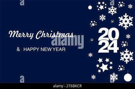 A christmas and new year 2024 greeting card with text and ornaments on a blue background Stock Vector
