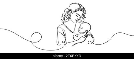 Happy Mother's Day card. Woman holding baby in one line style. Vector illustration Stock Vector