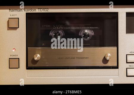 Harmon Kardon TD102 Cassette Deck with inserted TDK SA90 cassette. Stock Photo