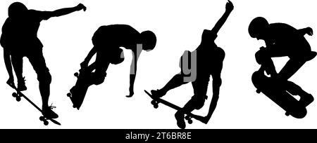 silhouettes in black of four skateboarders doing tricks, isolated Stock Vector