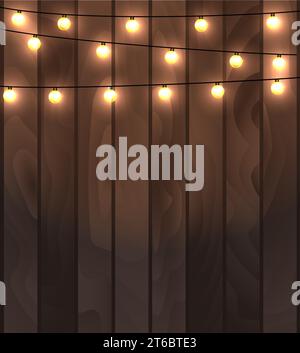 Vector illustration of wooden planks background with lighting garland festive decoration, with strings of round lamps. Stock Vector